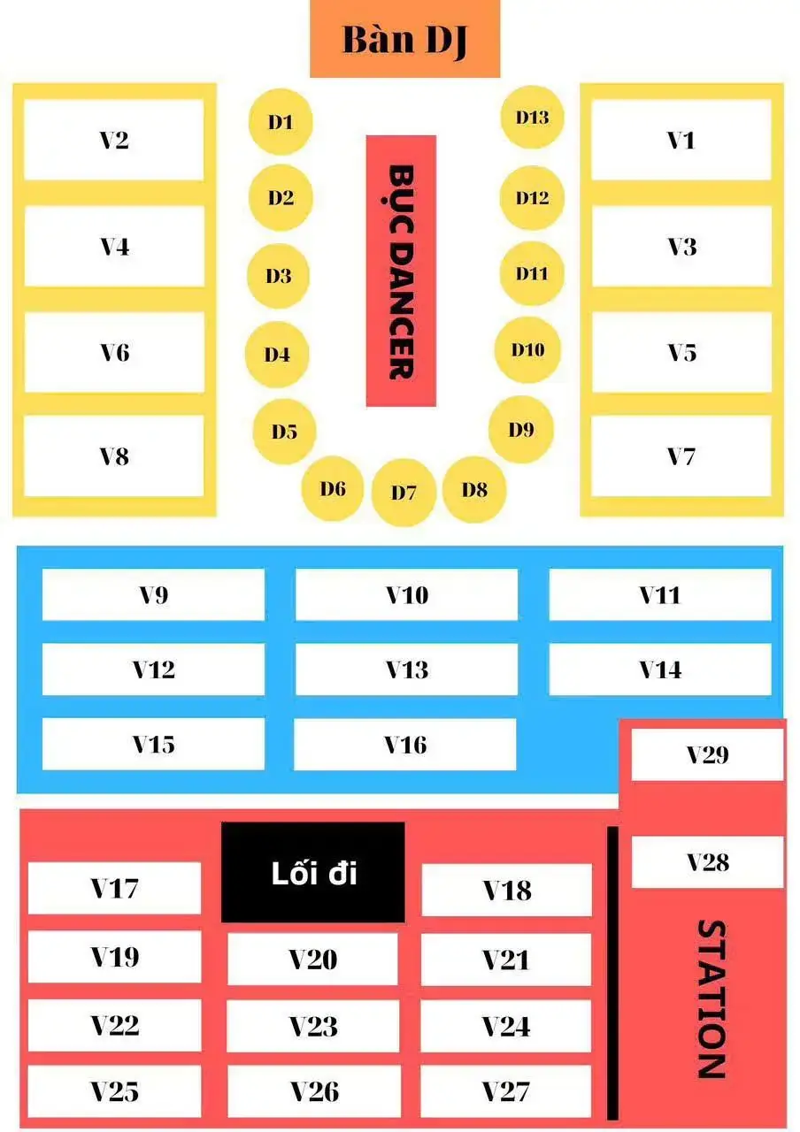 Sơ đồ khu bàn Empire Club: bàn DJ, bục dancer, các bàn D quanh bục và bàn V chia theo khu